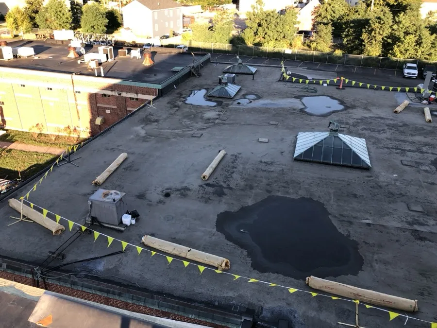 Large commercial EPDM roof with glass skylight domes